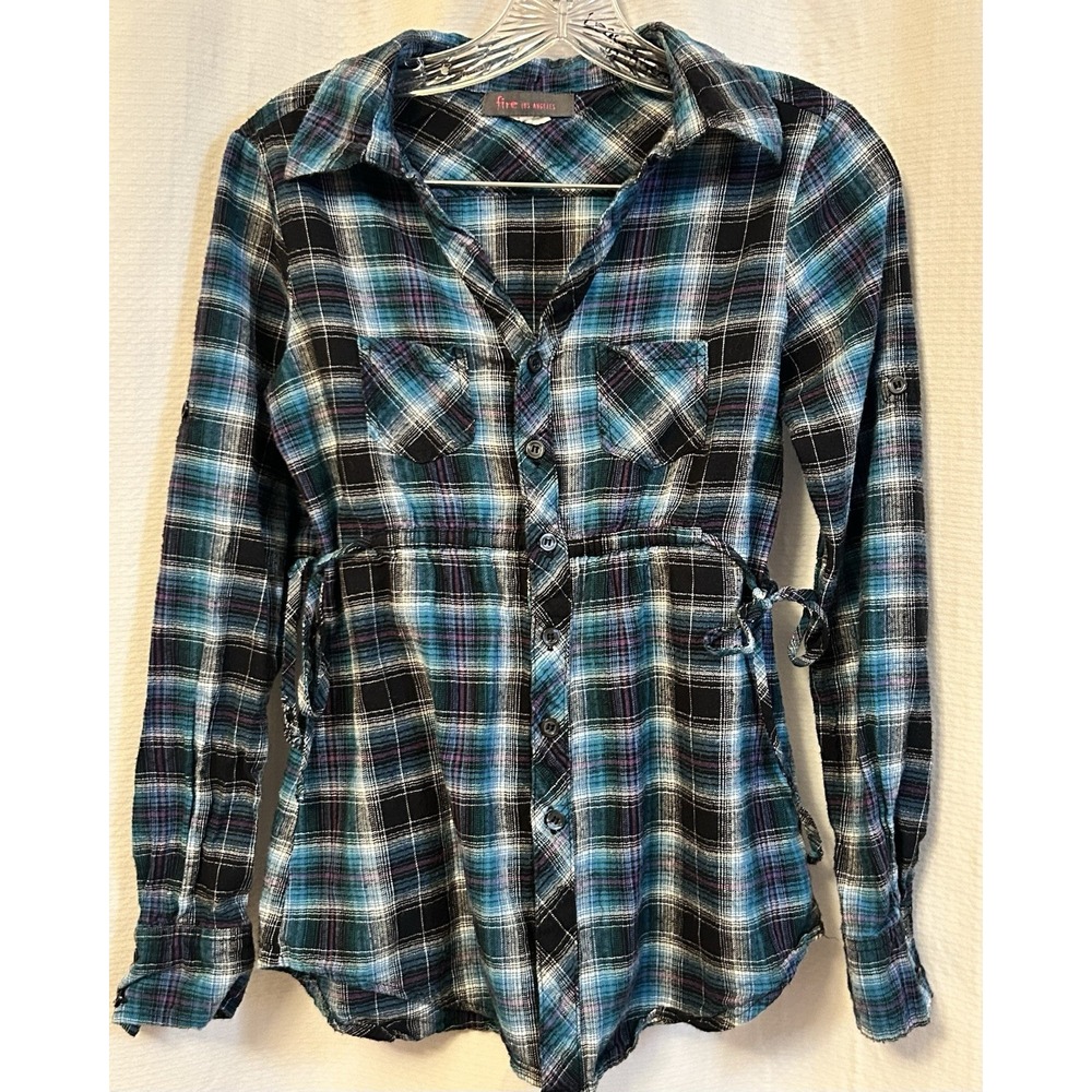 VTG 00s Blue Flannel Babydoll Top Womens M 100% Cotton Y2K Grunge 90s